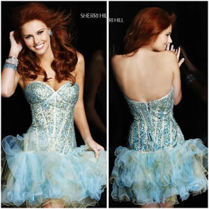 Sherri Hill Light Blue Sequin Strapless Ruffled Party Dress